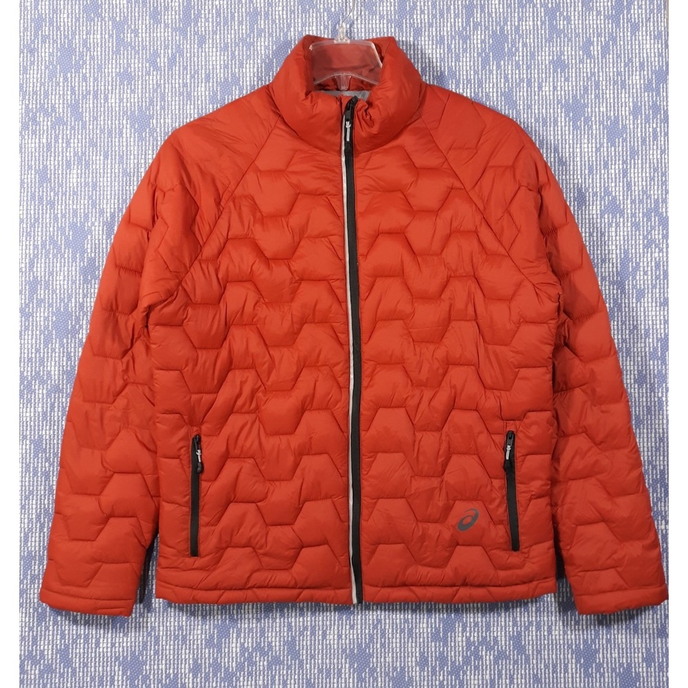 ASICS Puffer Jacket Mens M Orange Full Zip Nylon Outdoor Geometric